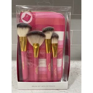 4 Piece Isaac Mizrahi Makeup Cosmetic Brush Set Zip Around Pink Stripe Case Bag